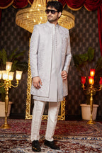 Gray Art Silk Traditional Indo Western Sherwani Long Kurta & Pant for Men for Wedding - Embroidery Work