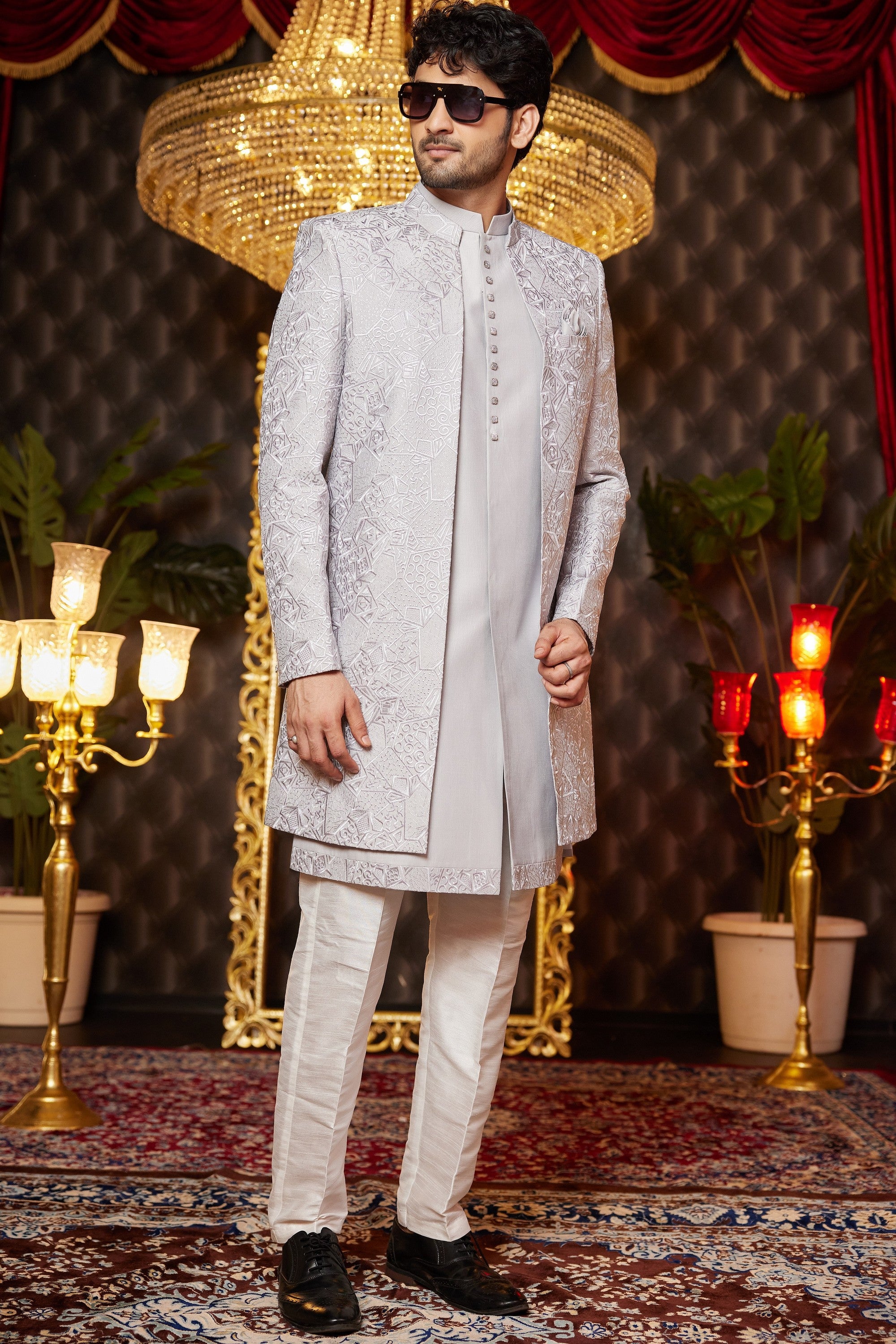 Gray Art Silk Traditional Indo Western Sherwani Long Kurta & Pant for Men for Wedding - Embroidery Work