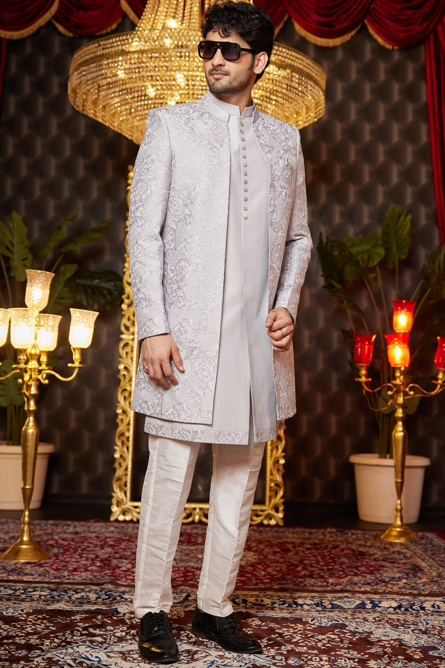 Gray Art Silk Traditional Indo Western Sherwani Long Kurta & Pant for Men for Wedding - Embroidery Work
