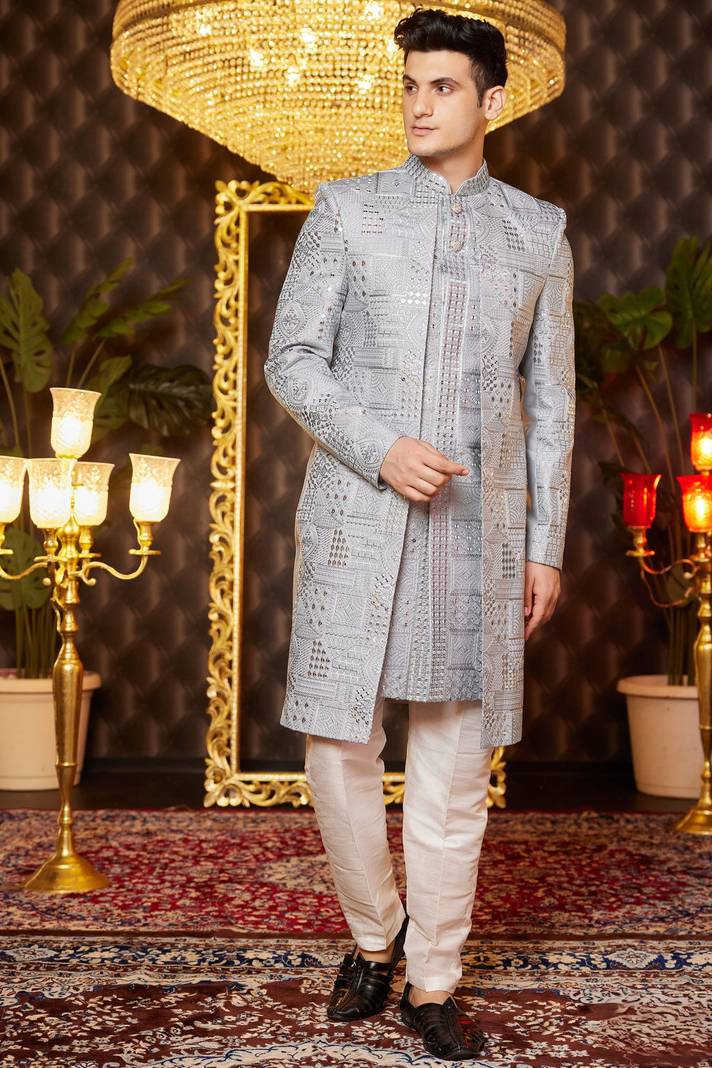Gray Art Silk Traditional Indo Western Sherwani Long Kurta & Pant for Men for Wedding - Embroidery Work