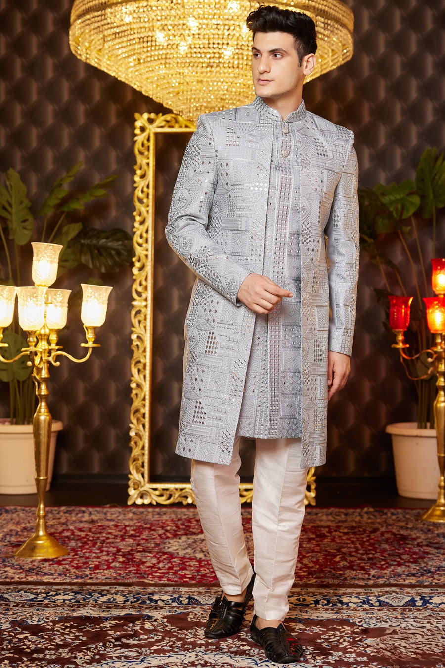 Gray Art Silk Traditional Indo Western Sherwani Long Kurta & Pant for Men for Wedding - Embroidery Work