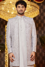 Gray Art Silk Traditional Indo Western Sherwani Long Kurta & Pant for Men for Wedding - Embroidery Work