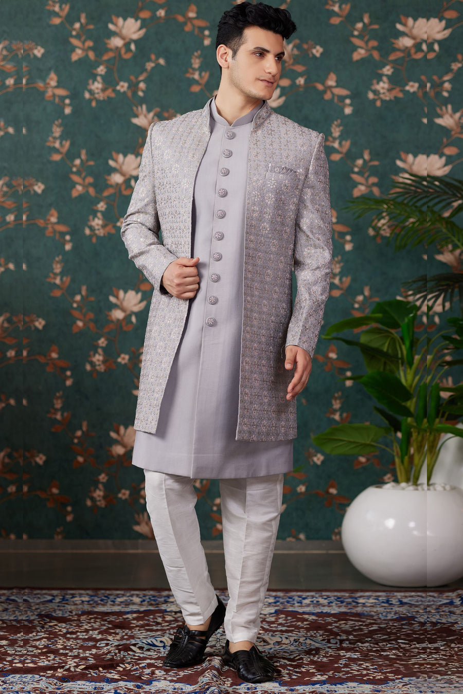 Gray Art Silk Traditional Sherwani Long Kurta & Pant for Men for Wedding - Embroidery Work