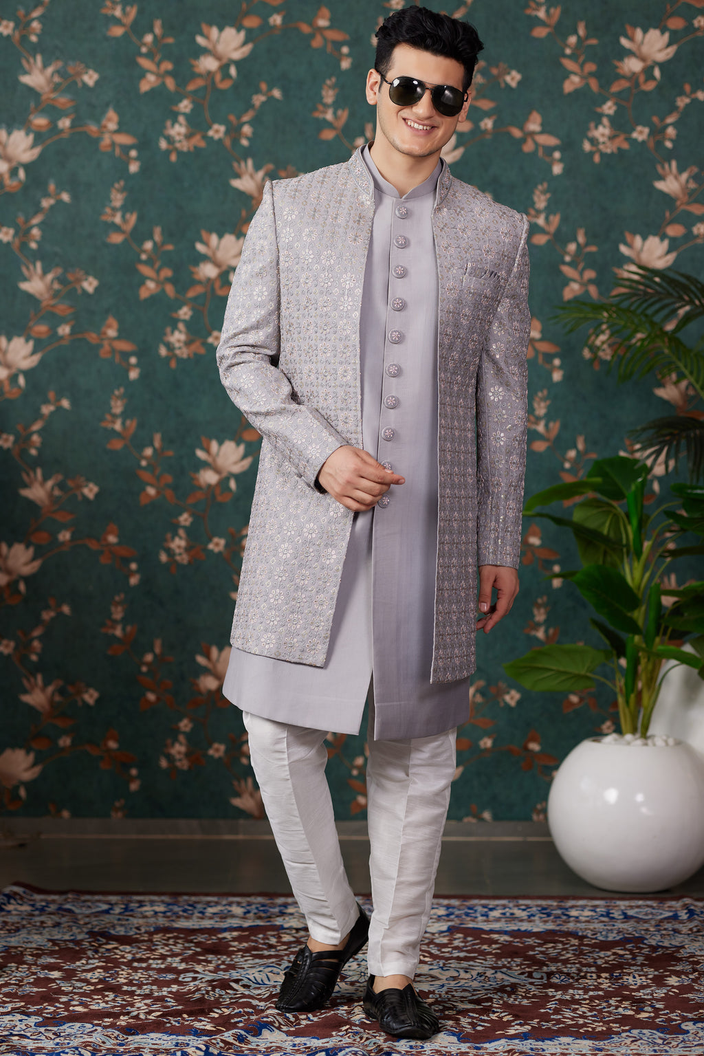 Gray Art Silk Traditional Sherwani Long Kurta & Pant for Men for Wedding - Embroidery Work