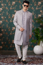 Gray Art Silk Traditional Sherwani Long Kurta & Pant for Men for Wedding - Embroidery Work