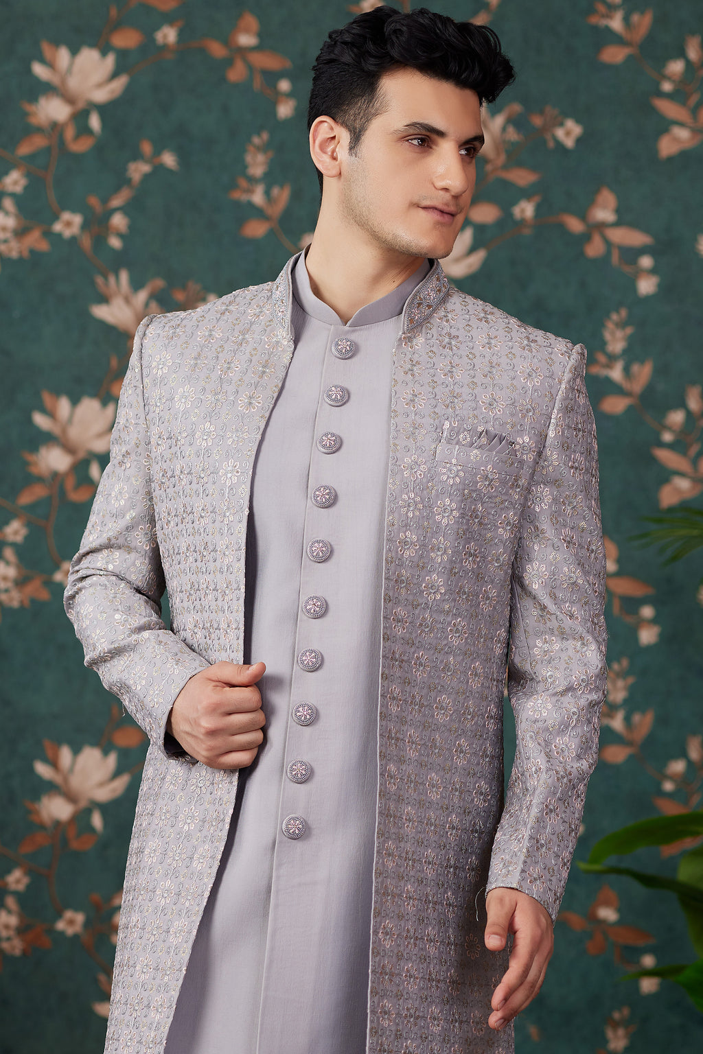 Gray Art Silk Traditional Sherwani Long Kurta & Pant for Men for Wedding - Embroidery Work