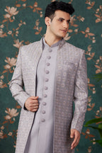 Gray Art Silk Traditional Sherwani Long Kurta & Pant for Men for Wedding - Embroidery Work