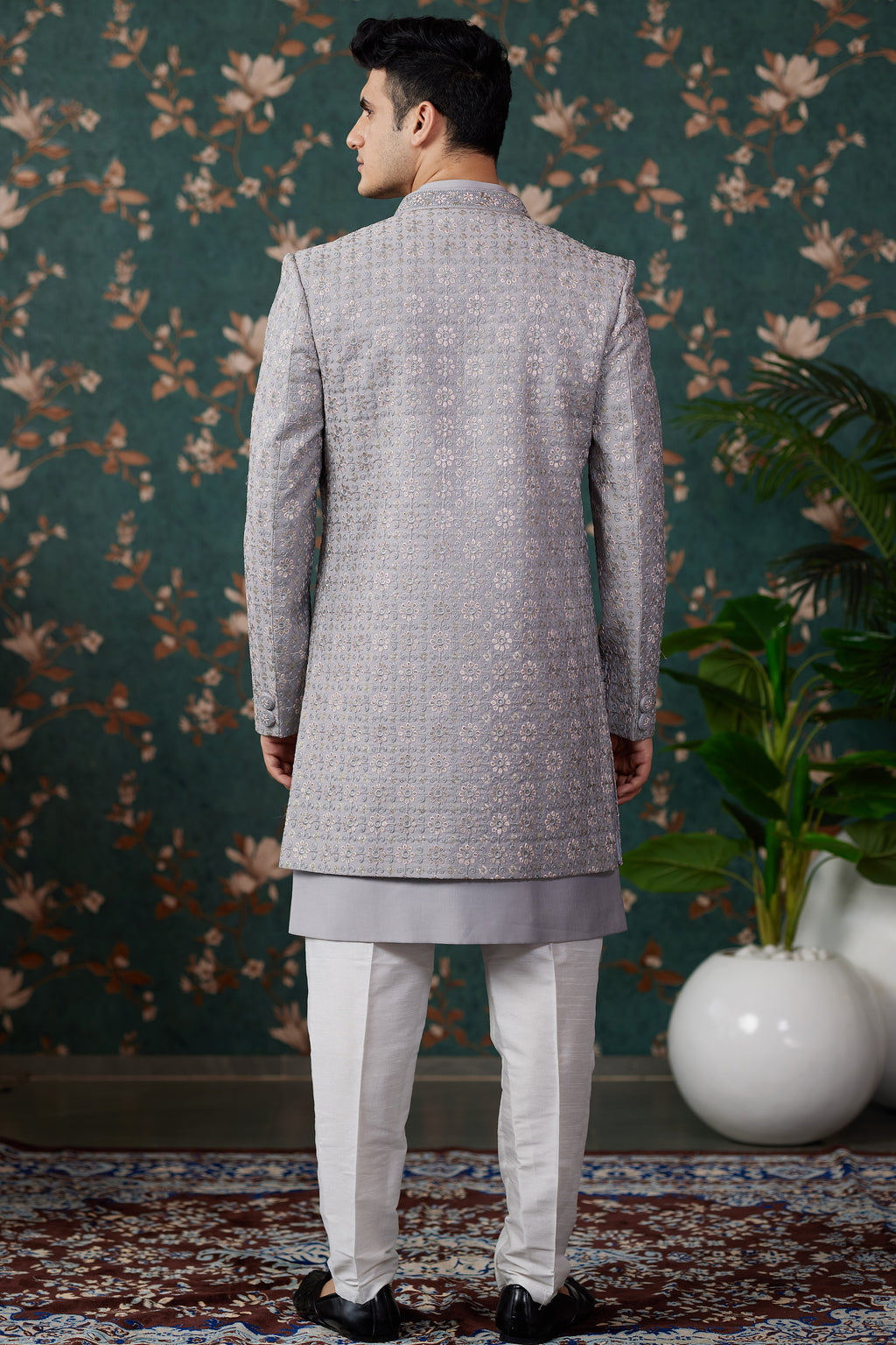 Gray Art Silk Traditional Sherwani Long Kurta & Pant for Men for Wedding - Embroidery Work