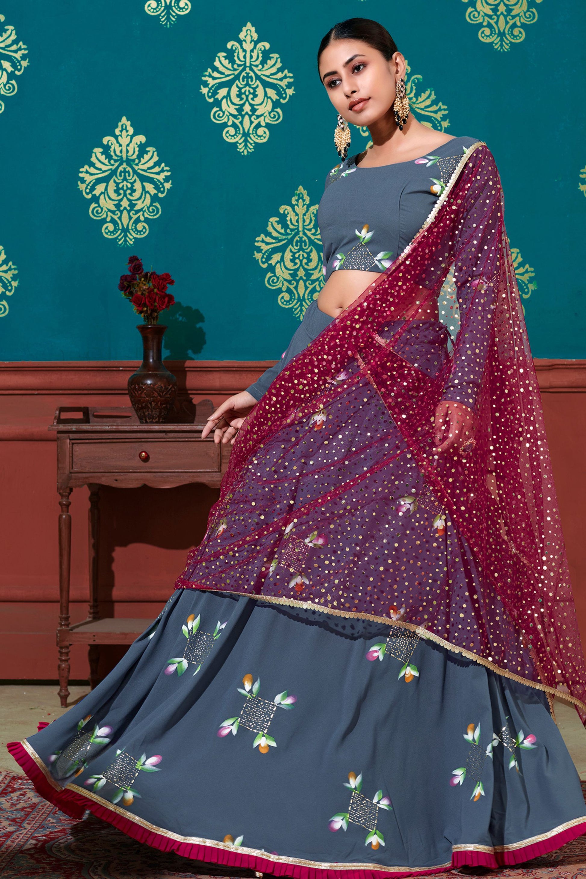 Gray Pakistani Georgette Lehenga Choli For Indian Festivals & Weddings - Print Work, Foil Mirror Work, Mirror Work