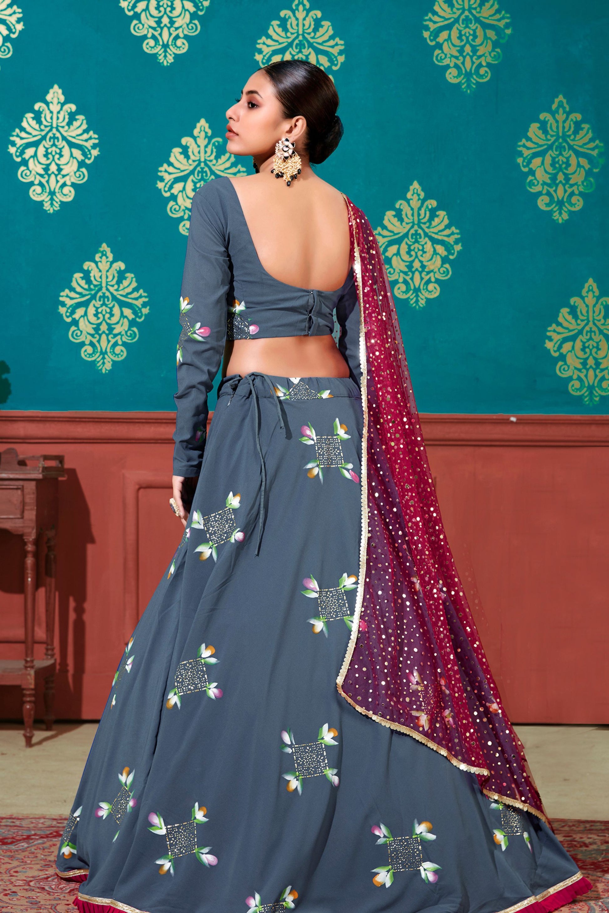 Gray Pakistani Georgette Lehenga Choli For Indian Festivals & Weddings - Print Work, Foil Mirror Work, Mirror Work