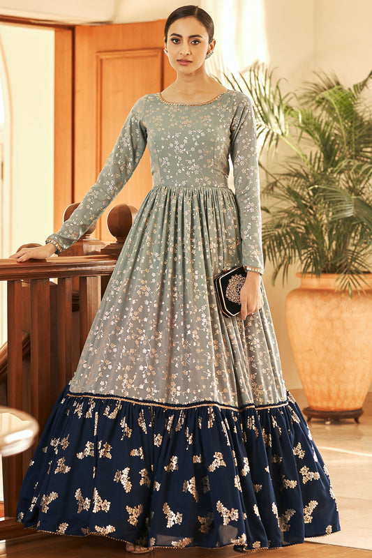 Gray Georgette Party Wear Gown For Indian Festivals & Weddings - Foil Work