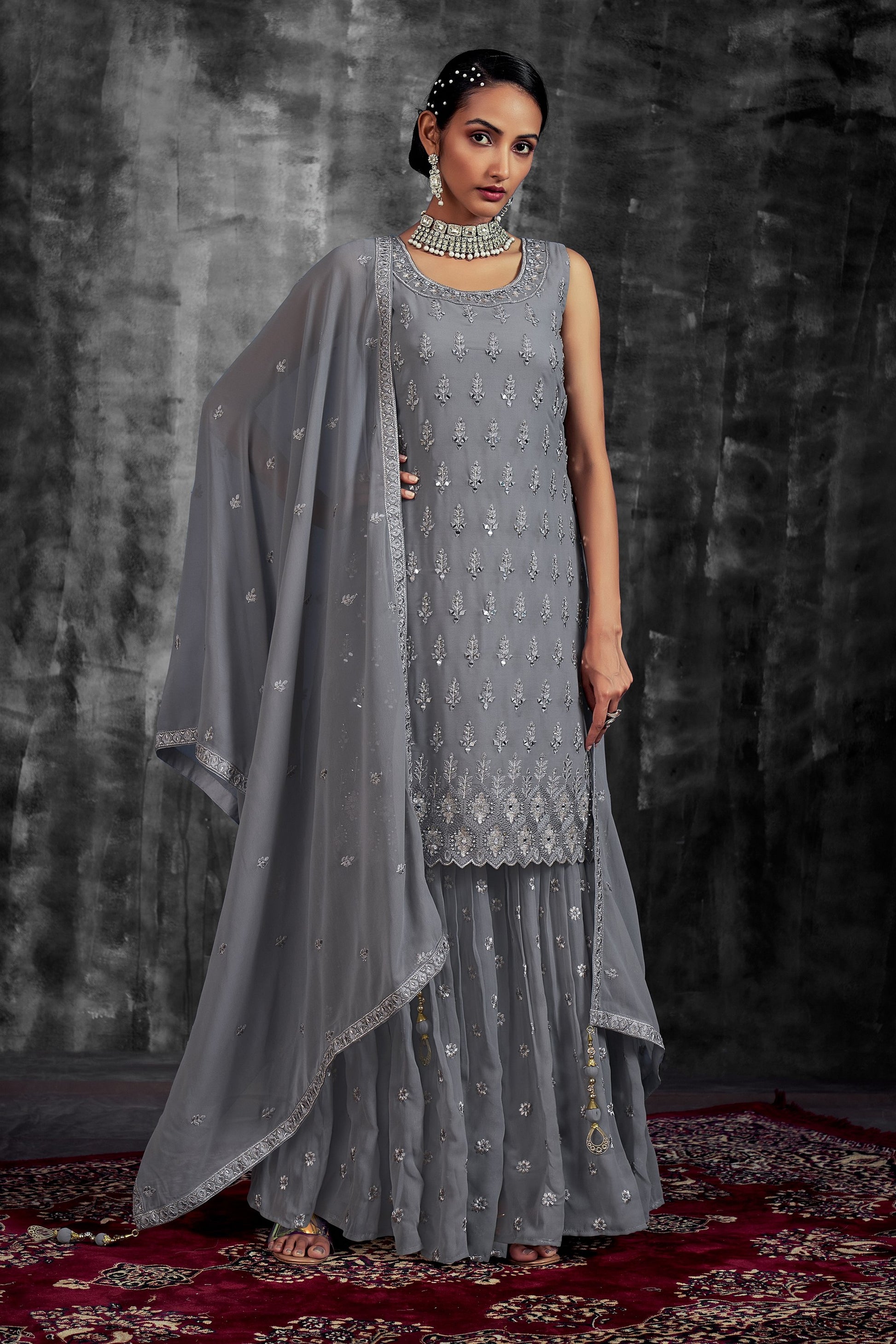 Gray Pakistani Georgette Sharara For Indian Festivals & Weddings - Thread Embroidery Work, Mirror Work, Zari Work, Zarkan Work