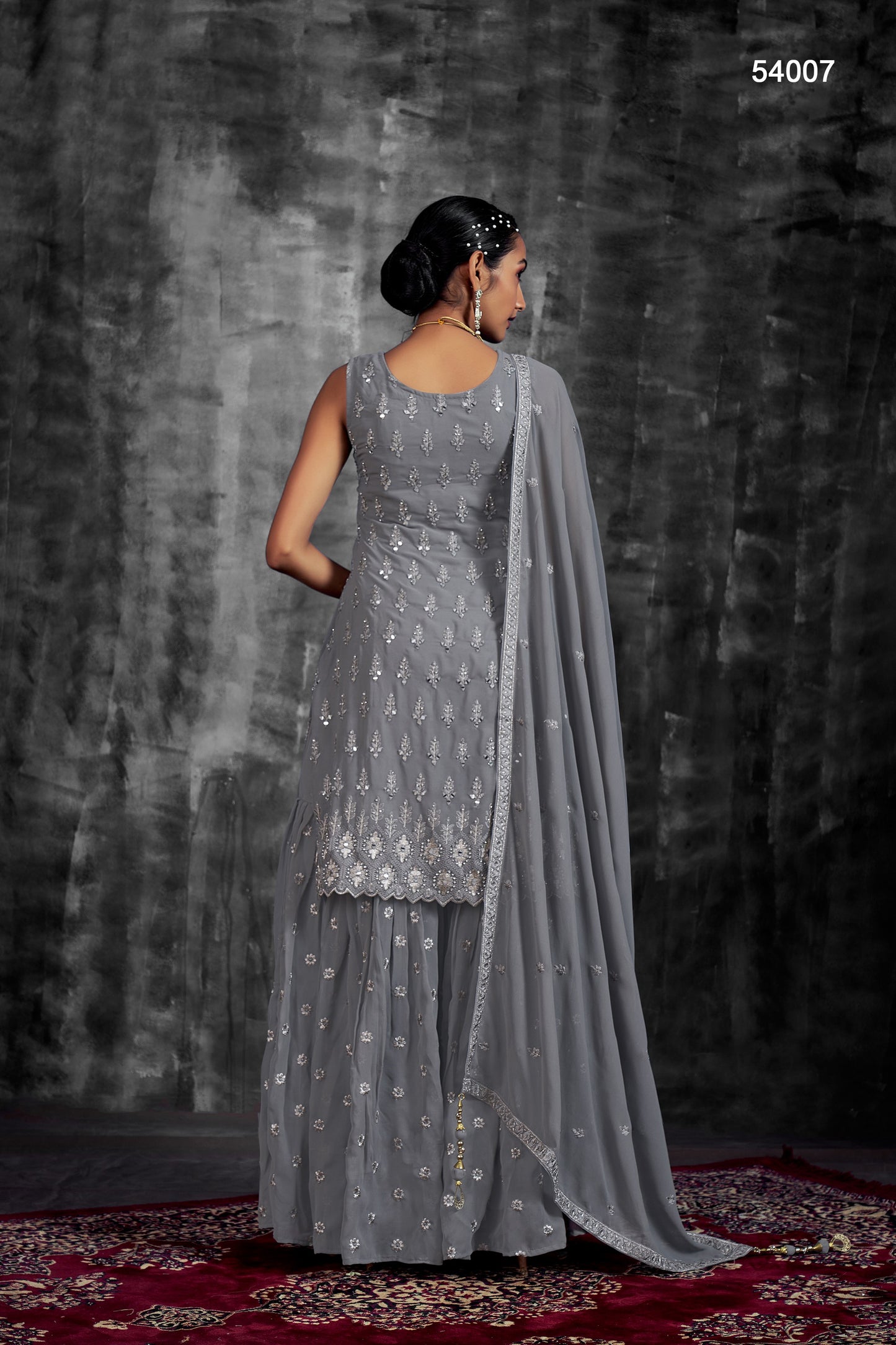 Gray Pakistani Georgette Sharara For Indian Festivals & Weddings - Thread Embroidery Work, Mirror Work, Zari Work, Zarkan Work