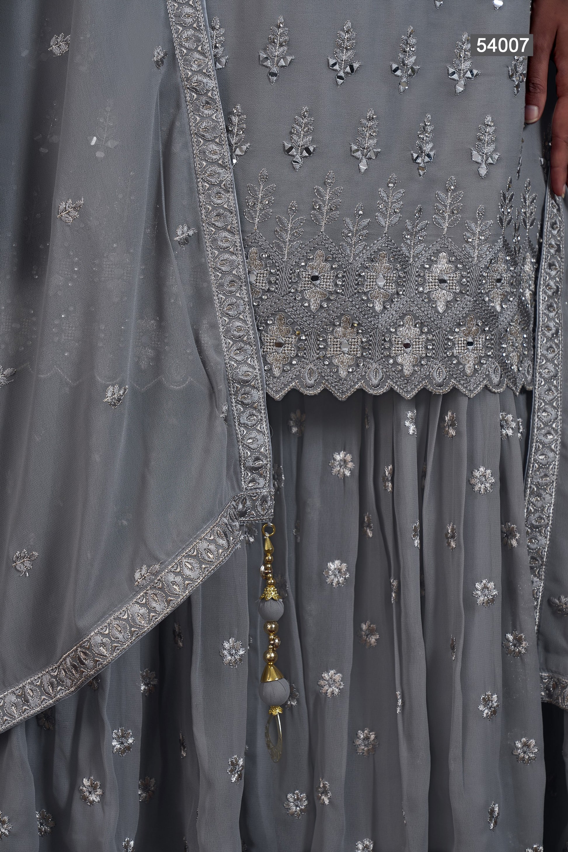 Gray Pakistani Georgette Sharara For Indian Festivals & Weddings - Thread Embroidery Work, Mirror Work, Zari Work, Zarkan Work