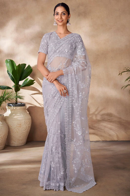 Gray Net Indian Saree with Blouse for Festival & Weddings - Sequence Embroidery Work, Thread Embroidery Work, Zarkan Work