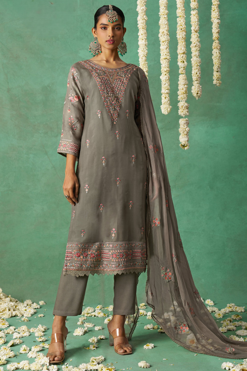 Gray Organza Kameez with Pant & Chiffon Dupatta For Ladies Indian Festivals & Weddings - Thread Embroidery Work
