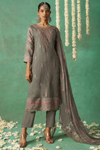 Gray Organza Kameez with Pant & Chiffon Dupatta For Ladies Indian Festivals & Weddings - Thread Embroidery Work