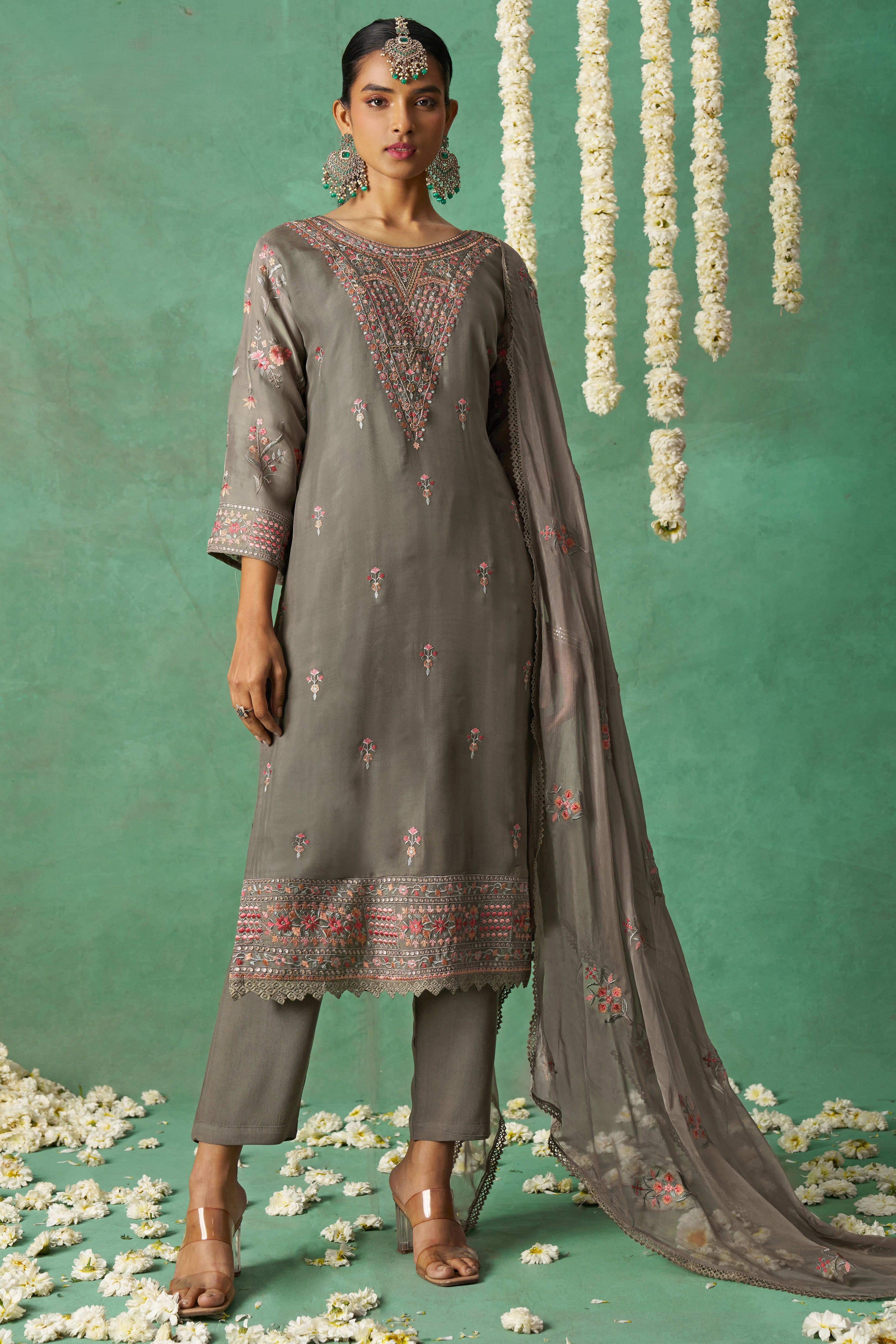 Gray Organza Kameez with Pant & Chiffon Dupatta For Ladies Indian Festivals & Weddings - Thread Embroidery Work