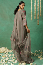 Gray Organza Kameez with Pant & Chiffon Dupatta For Ladies Indian Festivals & Weddings - Thread Embroidery Work