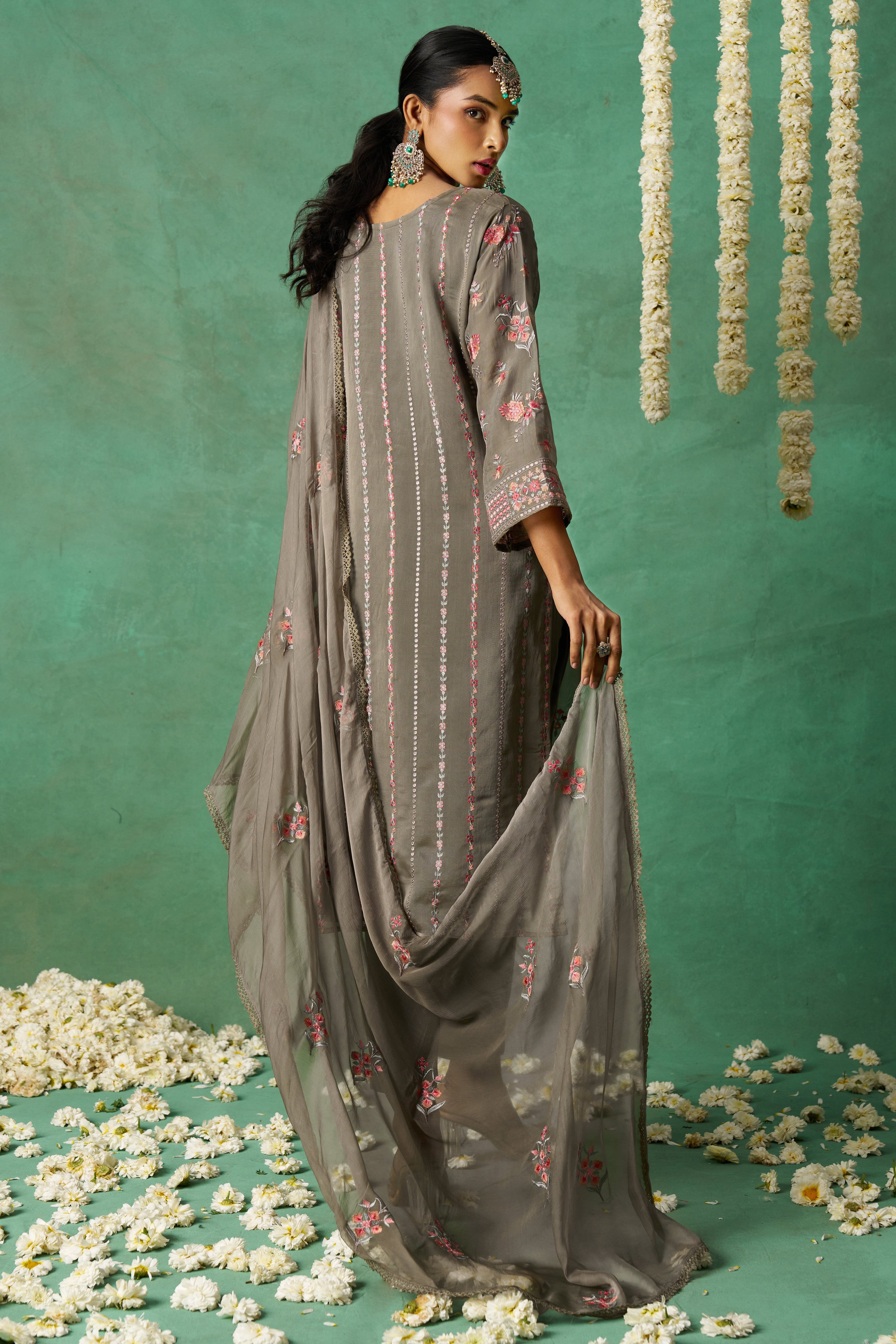 Gray Organza Kameez with Pant & Chiffon Dupatta For Ladies Indian Festivals & Weddings - Thread Embroidery Work
