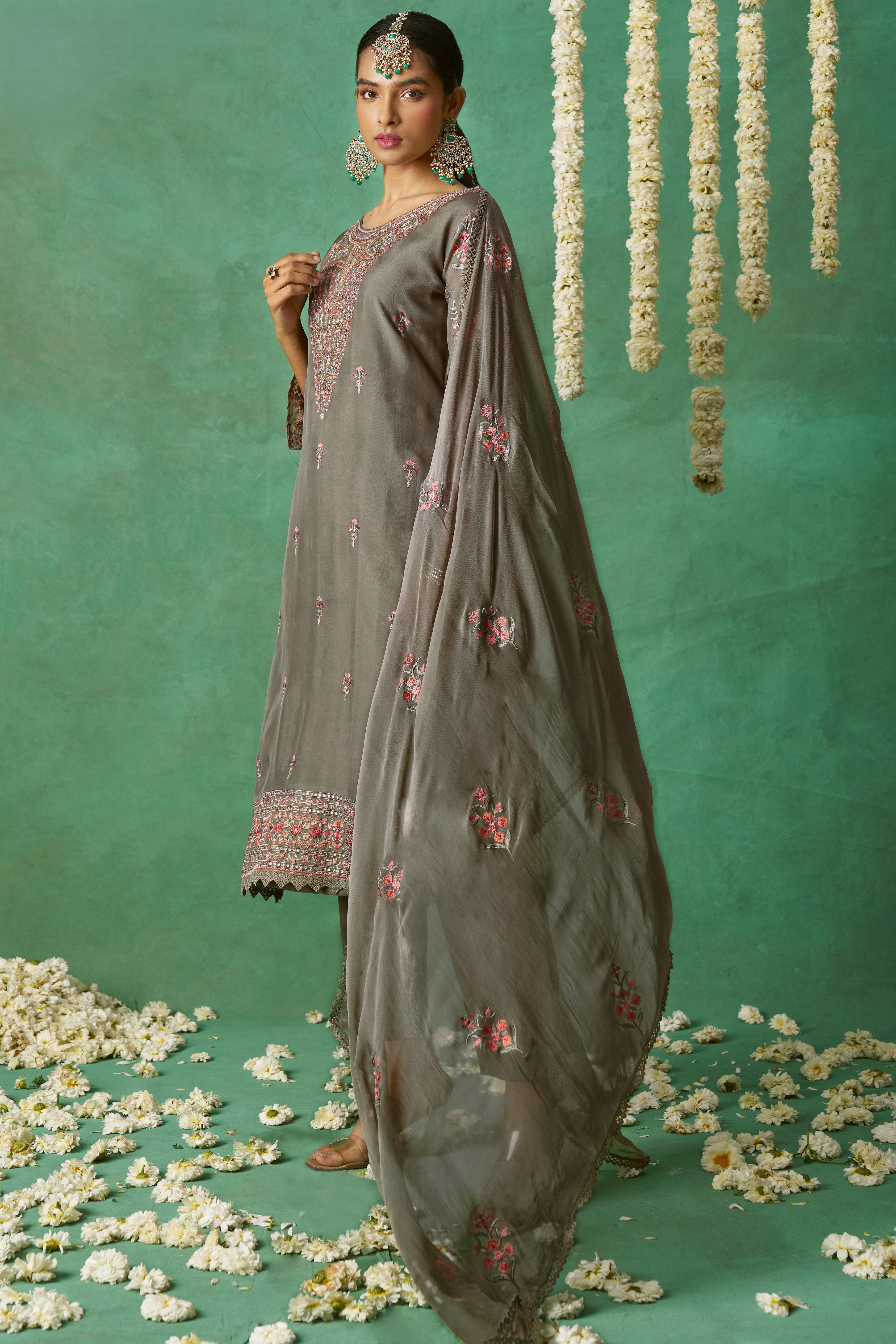 Gray Organza Kameez with Pant & Chiffon Dupatta For Ladies Indian Festivals & Weddings - Thread Embroidery Work