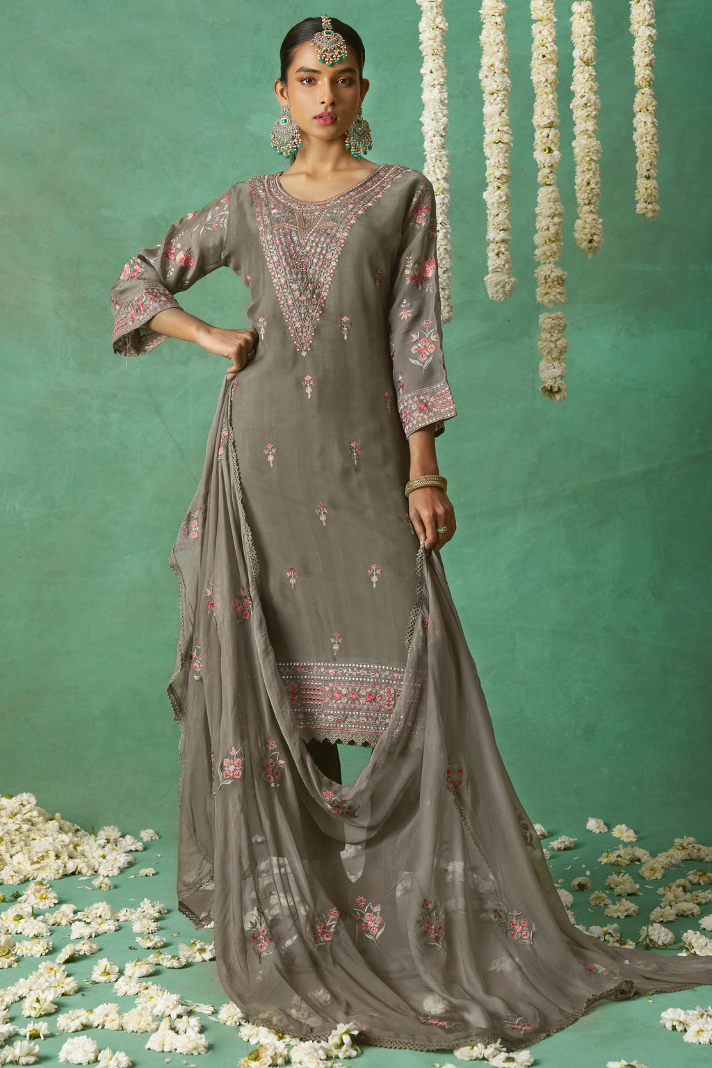 Gray Organza Kameez with Pant & Chiffon Dupatta For Ladies Indian Festivals & Weddings - Thread Embroidery Work