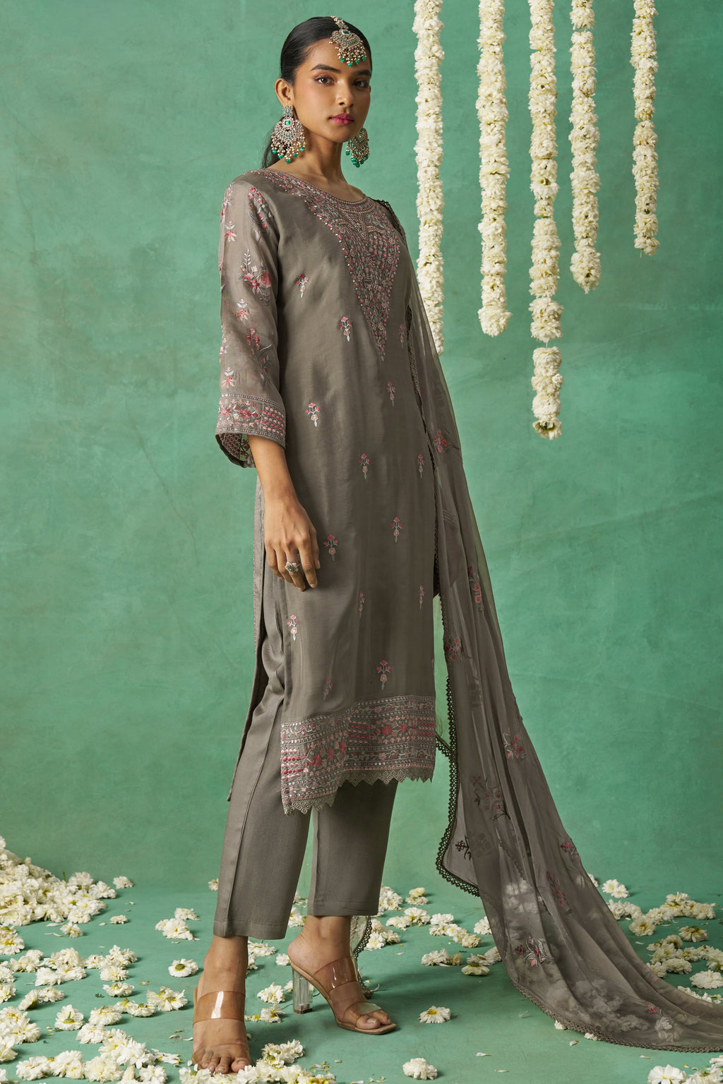 Gray Organza Kameez with Pant & Chiffon Dupatta For Ladies Indian Festivals & Weddings - Thread Embroidery Work
