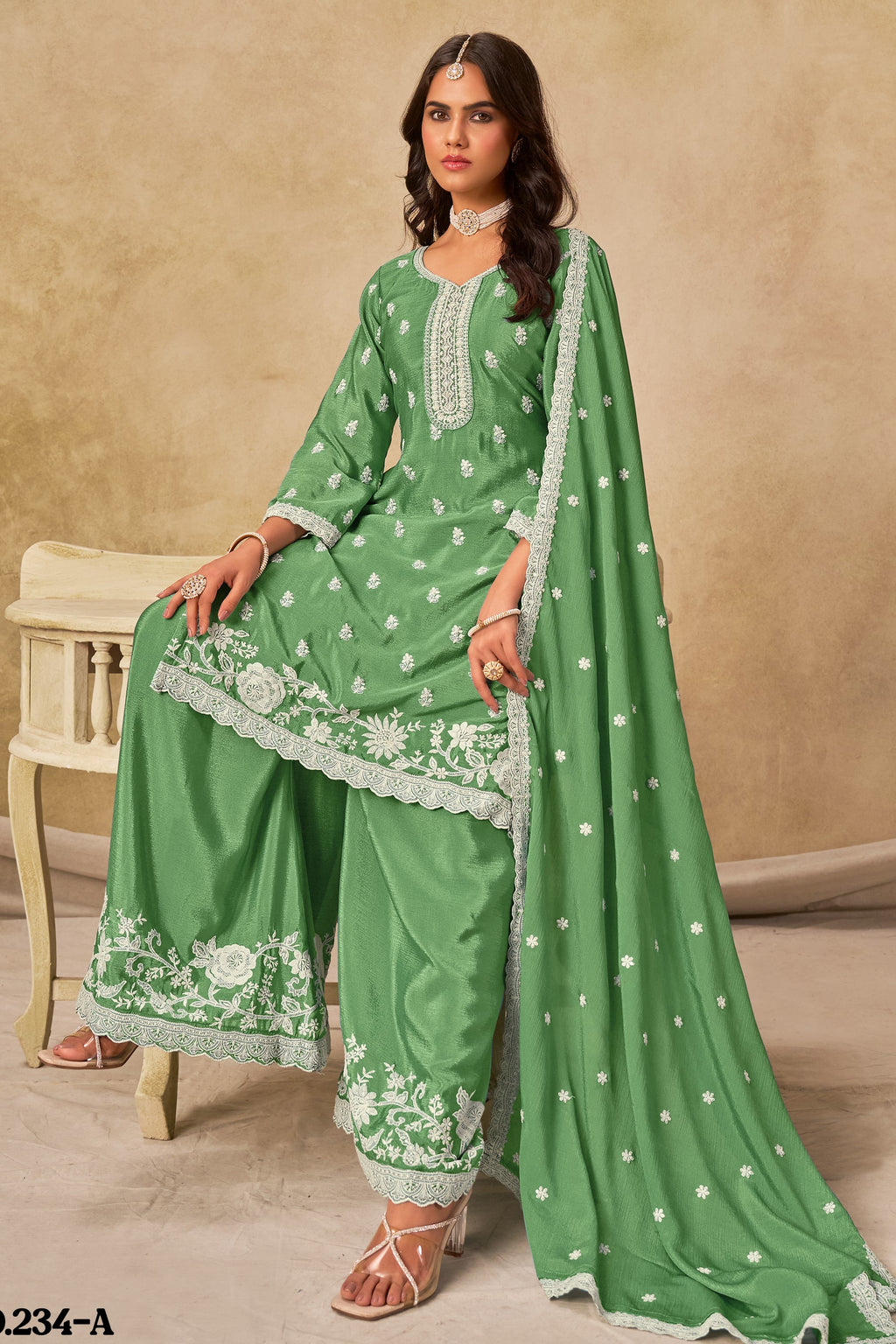 Green Chinon Silk Wedding Plazo Dress for Women with Thread Embroidery