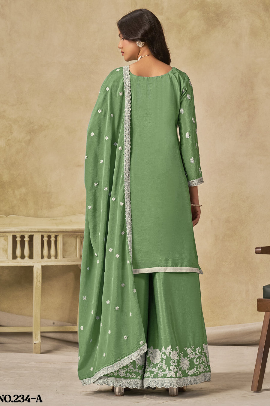 Green Chinon Silk Wedding Plazo Dress for Women with Thread Embroidery