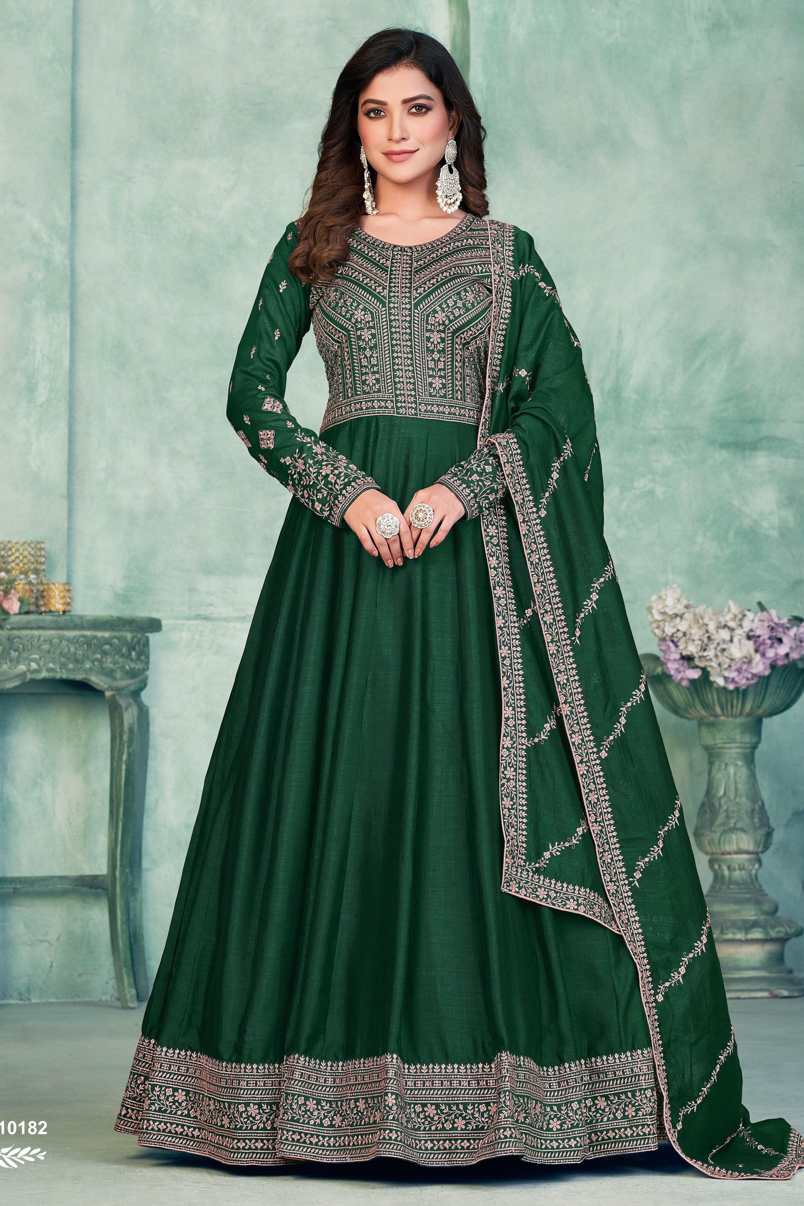 Green Art Silk Anarkali Suit for Wedding with Sequins and Thread Work