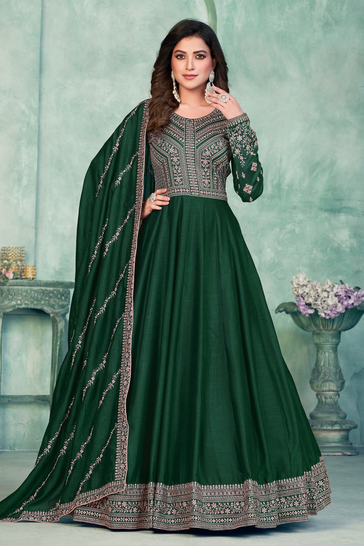 Green Art Silk Anarkali Suit for Wedding with Sequins and Thread Work