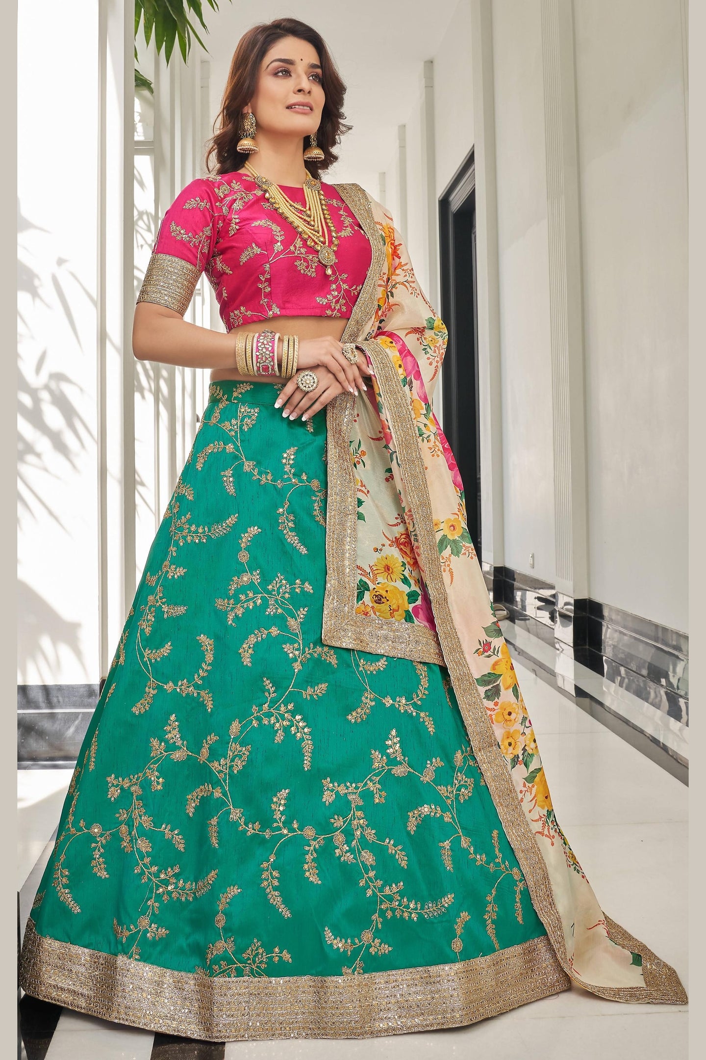 Green Art Silk Lehenga Choli For Indian & Pakistani Wedding Festival - Sequins & Thread Embroidery Work, Dori Work, Zari Work