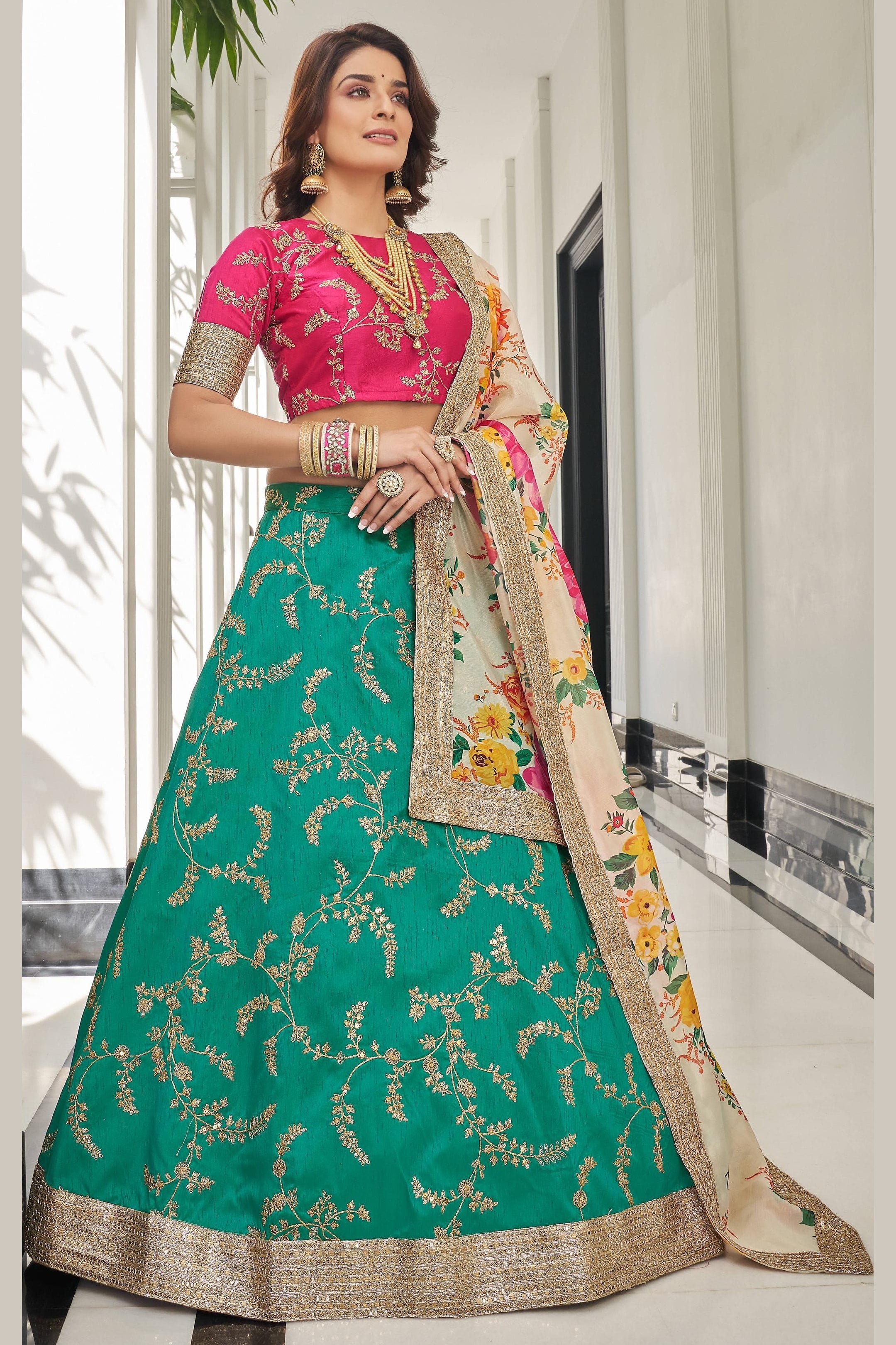 Green Art Silk Lehenga Choli For Indian & Pakistani Wedding Festival - Sequins & Thread Embroidery Work, Dori Work, Zari Work
