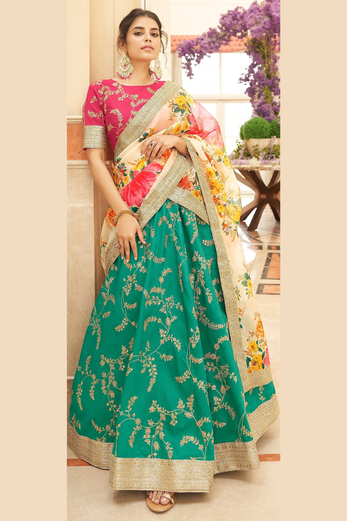 Green Art Silk Lehenga Choli For Indian & Pakistani Wedding Festival - Sequins & Thread Embroidery Work, Dori Work, Zari Work