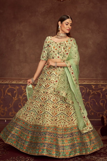 Green Art Silk Lehenga Choli For Indian Weddings & Festivals - Thread Work, Print Work, Swarovski Work