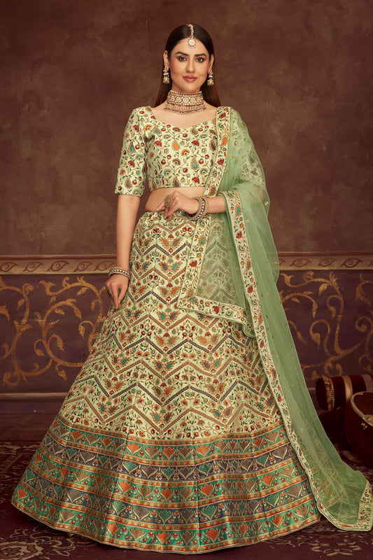 Green Art Silk Lehenga Choli For Indian Weddings & Festivals - Thread Work, Print Work, Swarovski Work