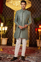 Green Art Silk Traditional Indo Western Sherwani Long Kurta & Pant for Men for Wedding - Embroidery Work