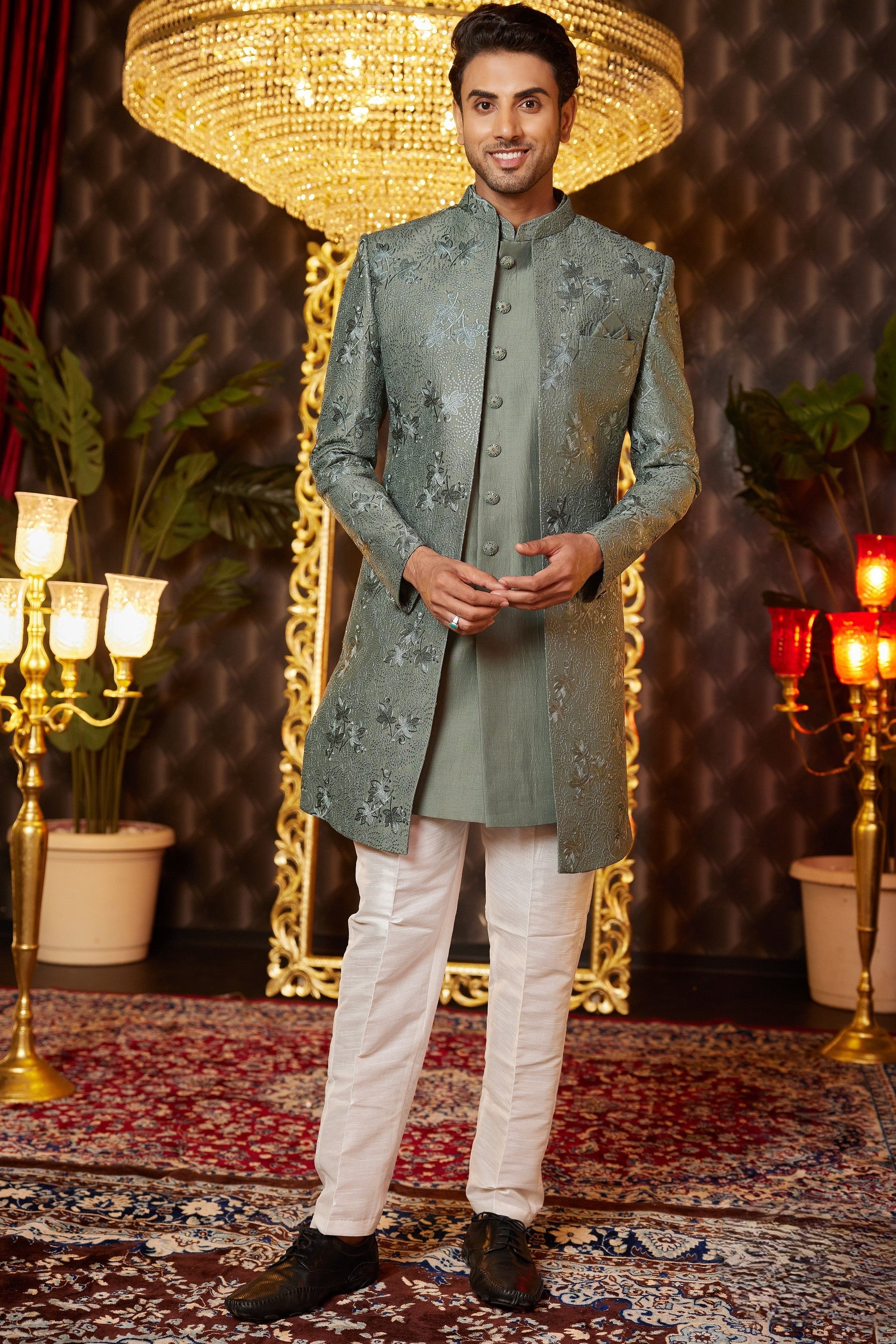 Green Art Silk Traditional Indo Western Sherwani Long Kurta & Pant for Men for Wedding - Embroidery Work