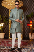 Green Art Silk Traditional Indo Western Sherwani Long Kurta & Pant for Men for Wedding - Embroidery Work