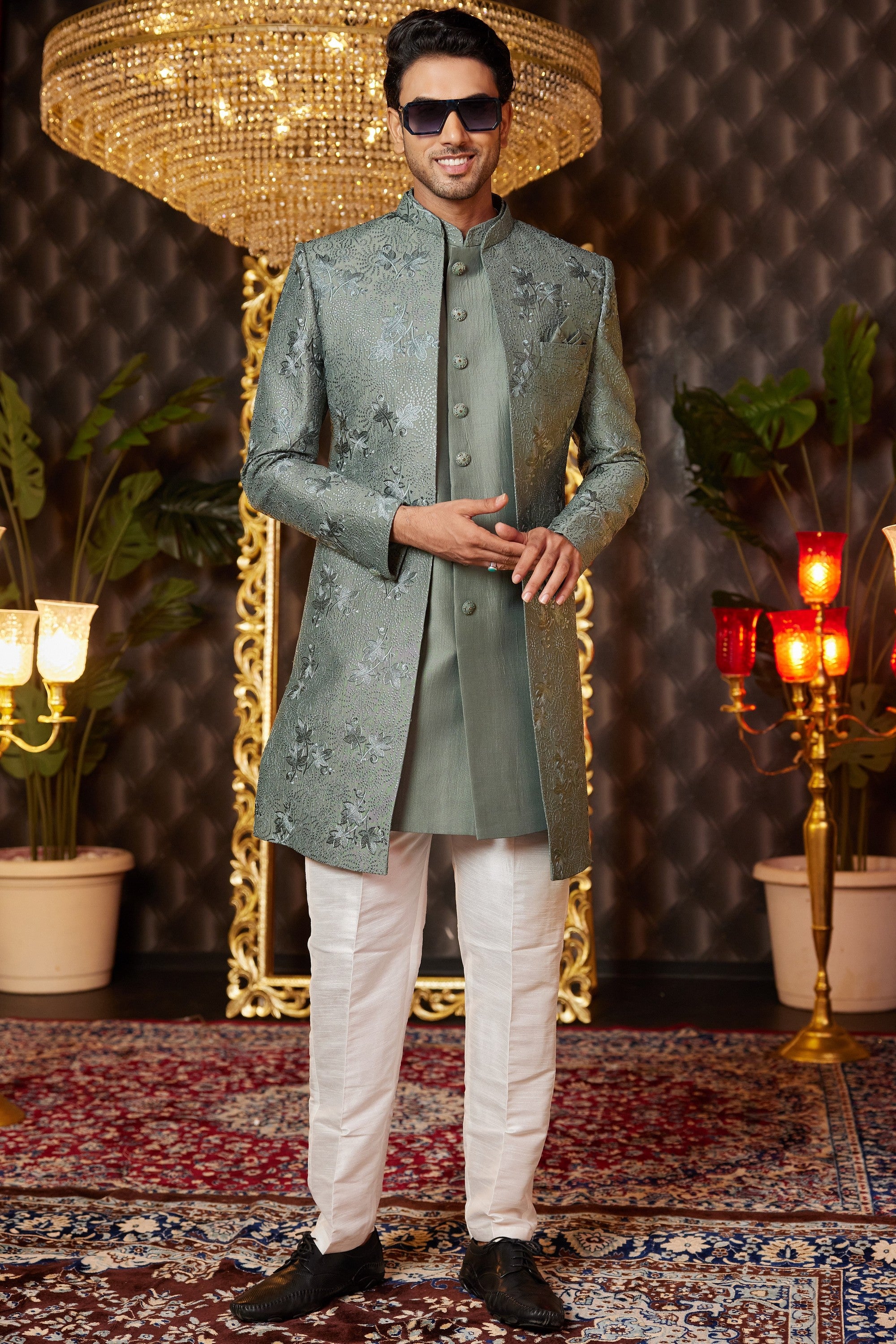 Green Art Silk Traditional Indo Western Sherwani Long Kurta & Pant for Men for Wedding - Embroidery Work