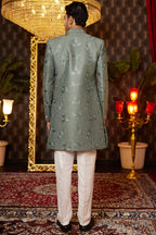 Green Art Silk Traditional Indo Western Sherwani Long Kurta & Pant for Men for Wedding - Embroidery Work