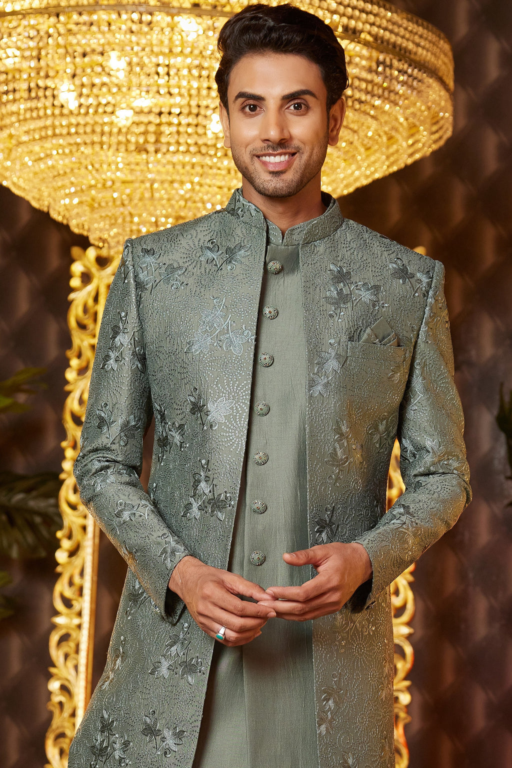 Green Art Silk Traditional Indo Western Sherwani Long Kurta & Pant for Men for Wedding - Embroidery Work
