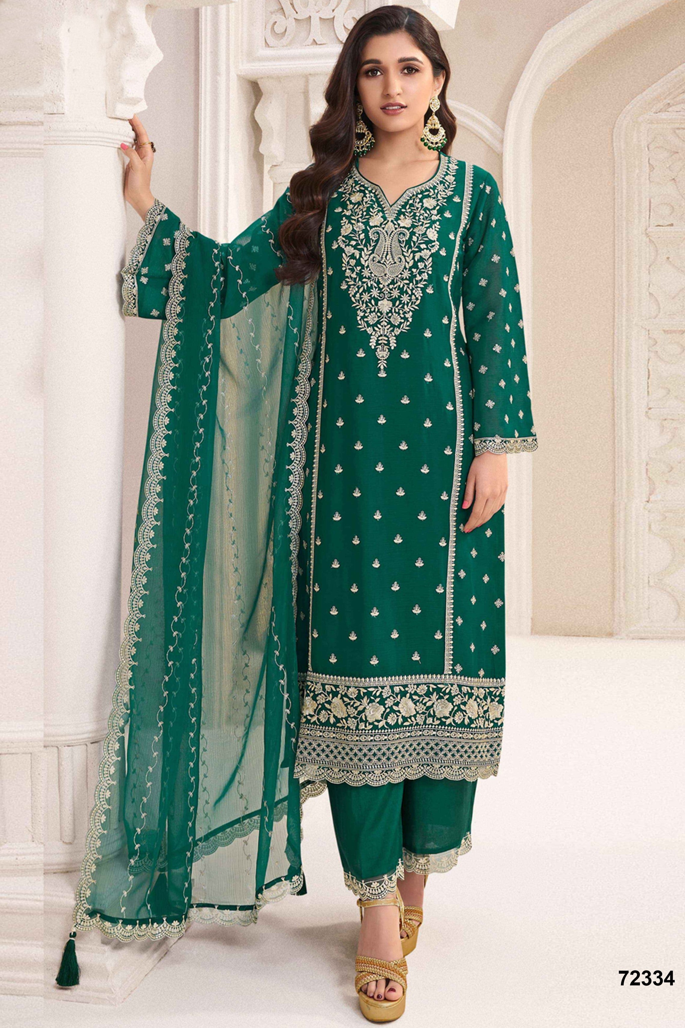 Green Chiffon Silk Long Kameez Pant Suit For Indian Festivals & Weddings - Embroidery Work