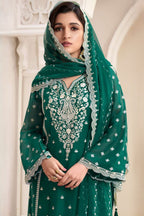 Green Chiffon Silk Long Kameez Pant Suit For Indian Festivals & Weddings - Embroidery Work