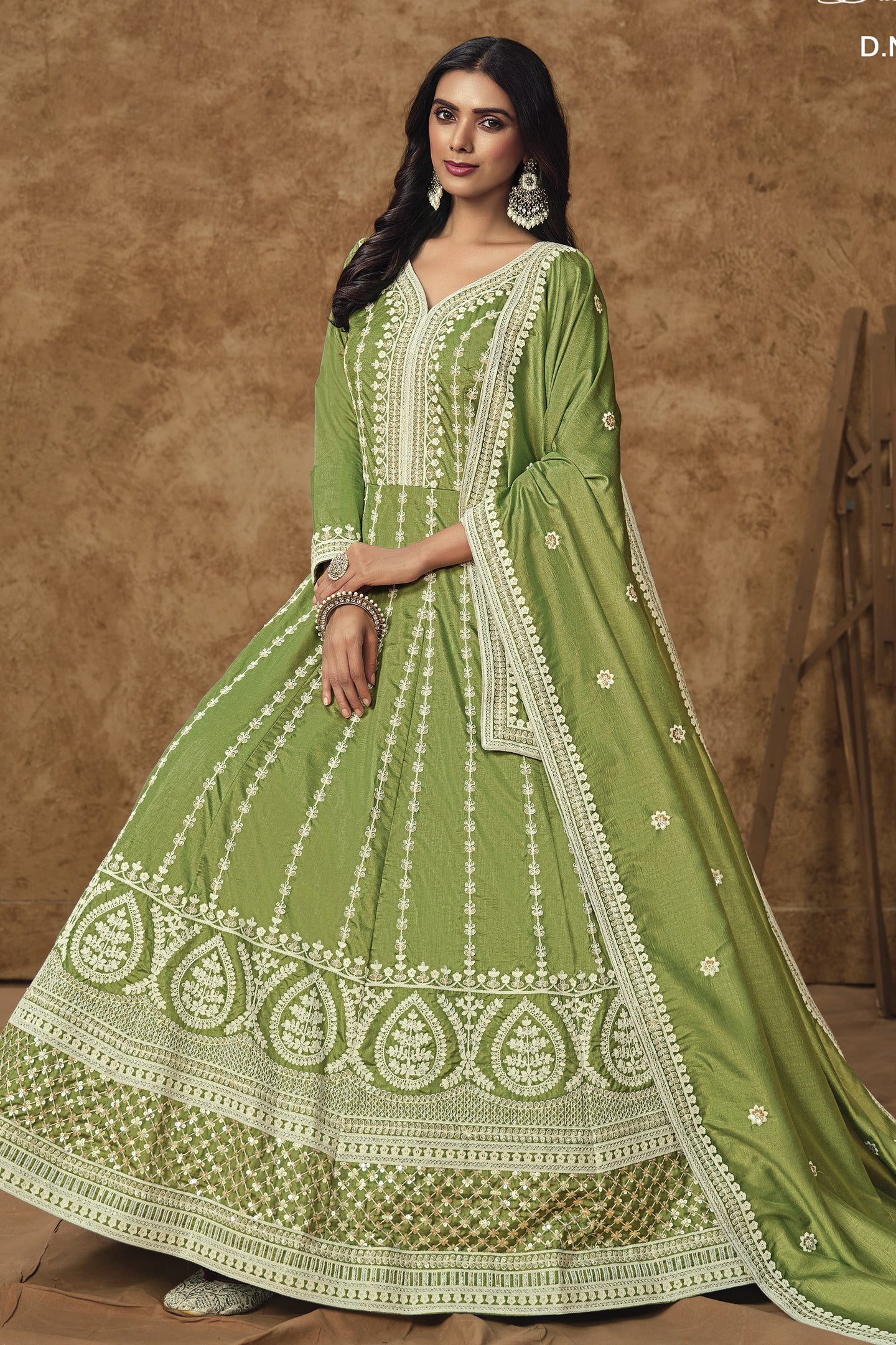 Green Chinon Silk Anarkali Dress for Wedding with Thread and Sequins Embroidery