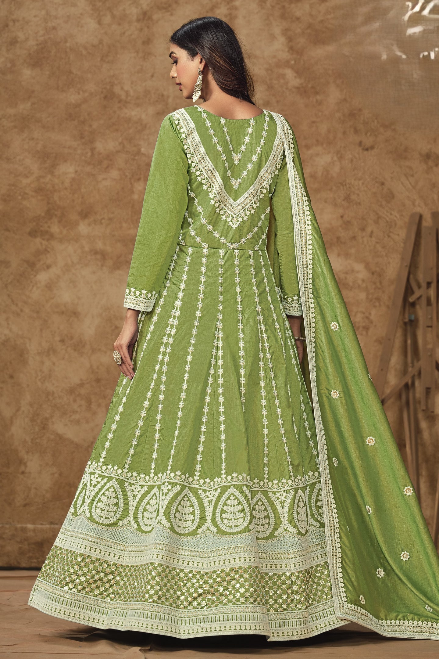 Green Chinon Silk Anarkali Dress for Wedding with Thread and Sequins Embroidery