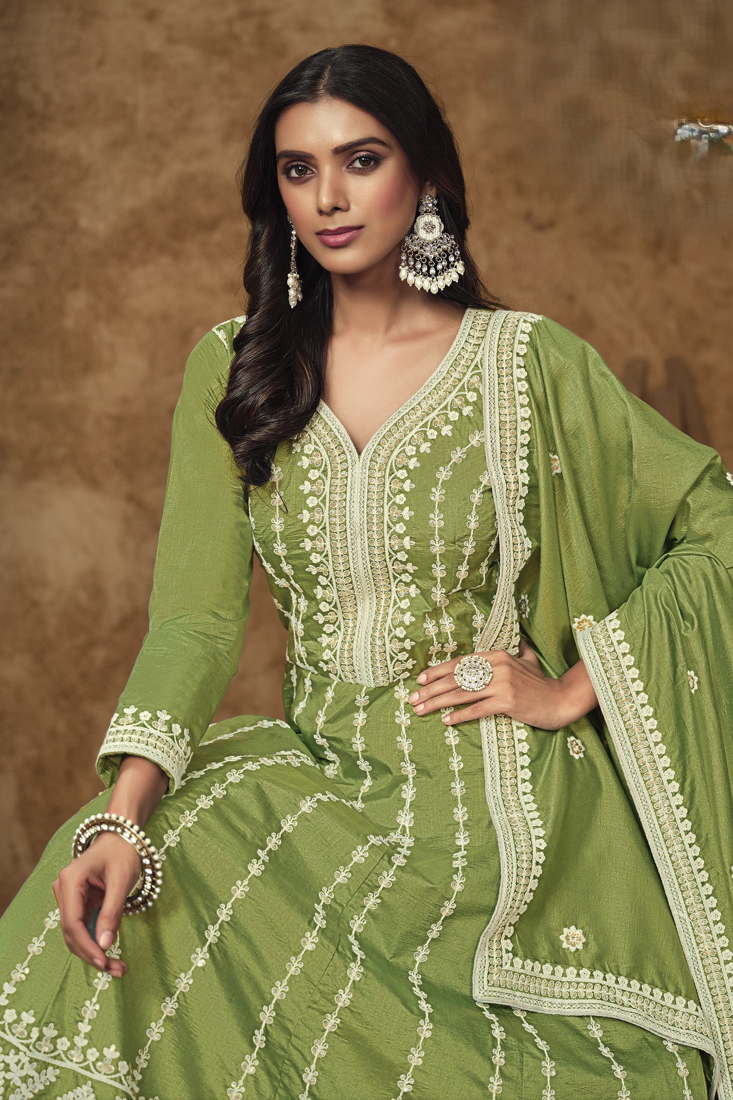 Green Chinon Silk Anarkali Dress for Wedding with Thread and Sequins Embroidery