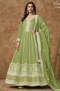 Green Chinon Silk Anarkali Dress for Wedding with Thread and Sequins Embroidery