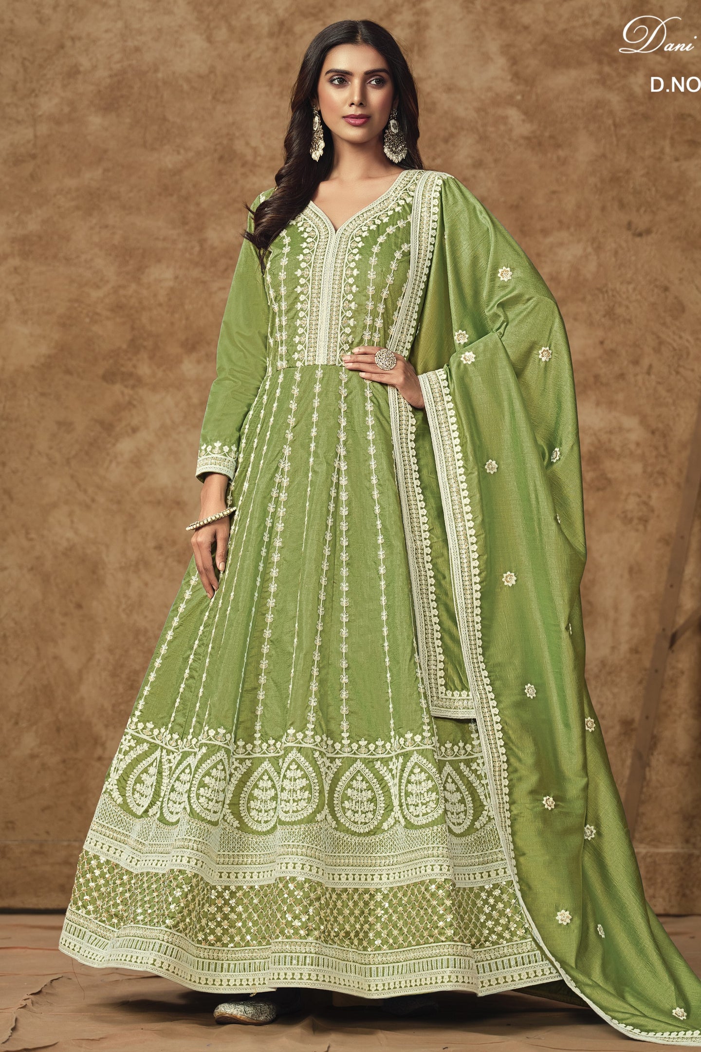 Green Chinon Silk Anarkali Dress for Wedding with Thread and Sequins Embroidery