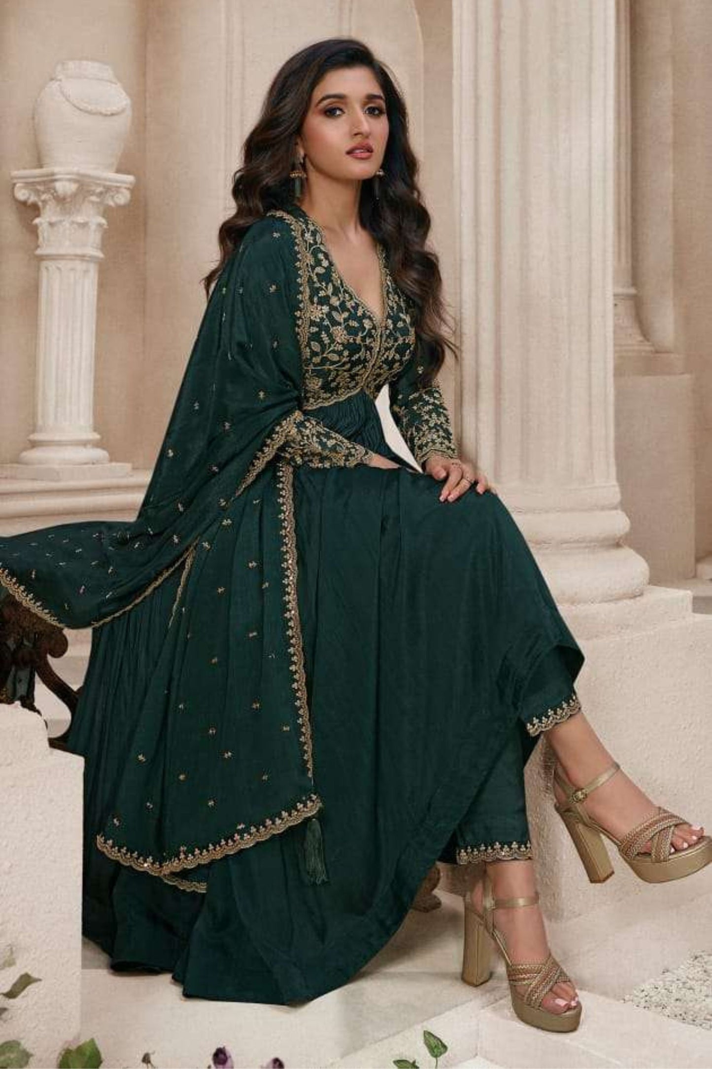 Green Chinon Silk Anarkali Suit For Indian Festivals & Pakistani Weddings Dress - Embroidery Work